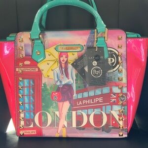London Graphic Patent Tote in Pink & Teal